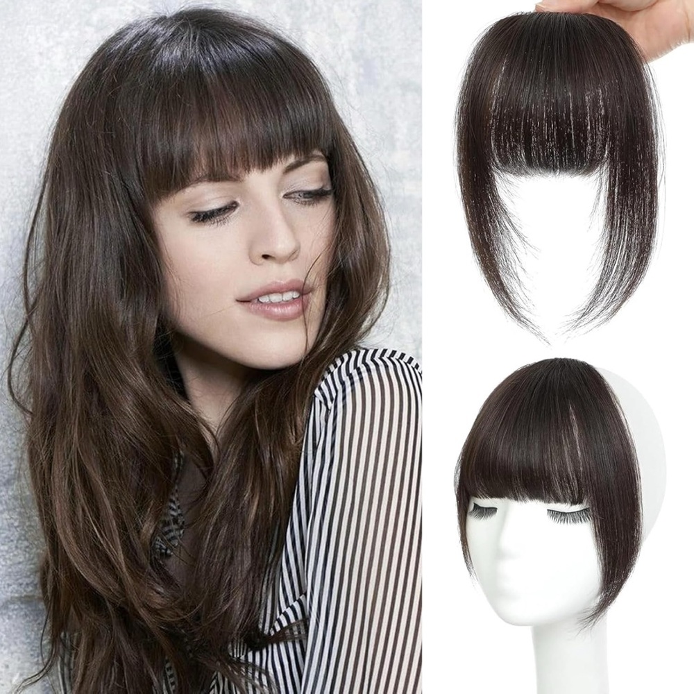 NAYOO Bangs Hair Clip ~ 100% REAL HUMAN HAIR ~ Dark Brown ~ Fringe with Temples